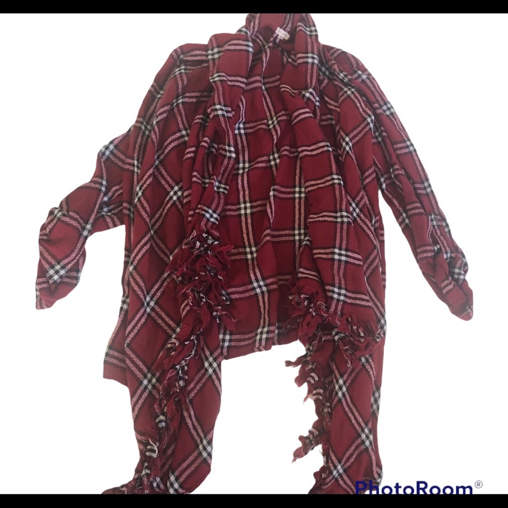 En Creme red plaid open frayed jacket